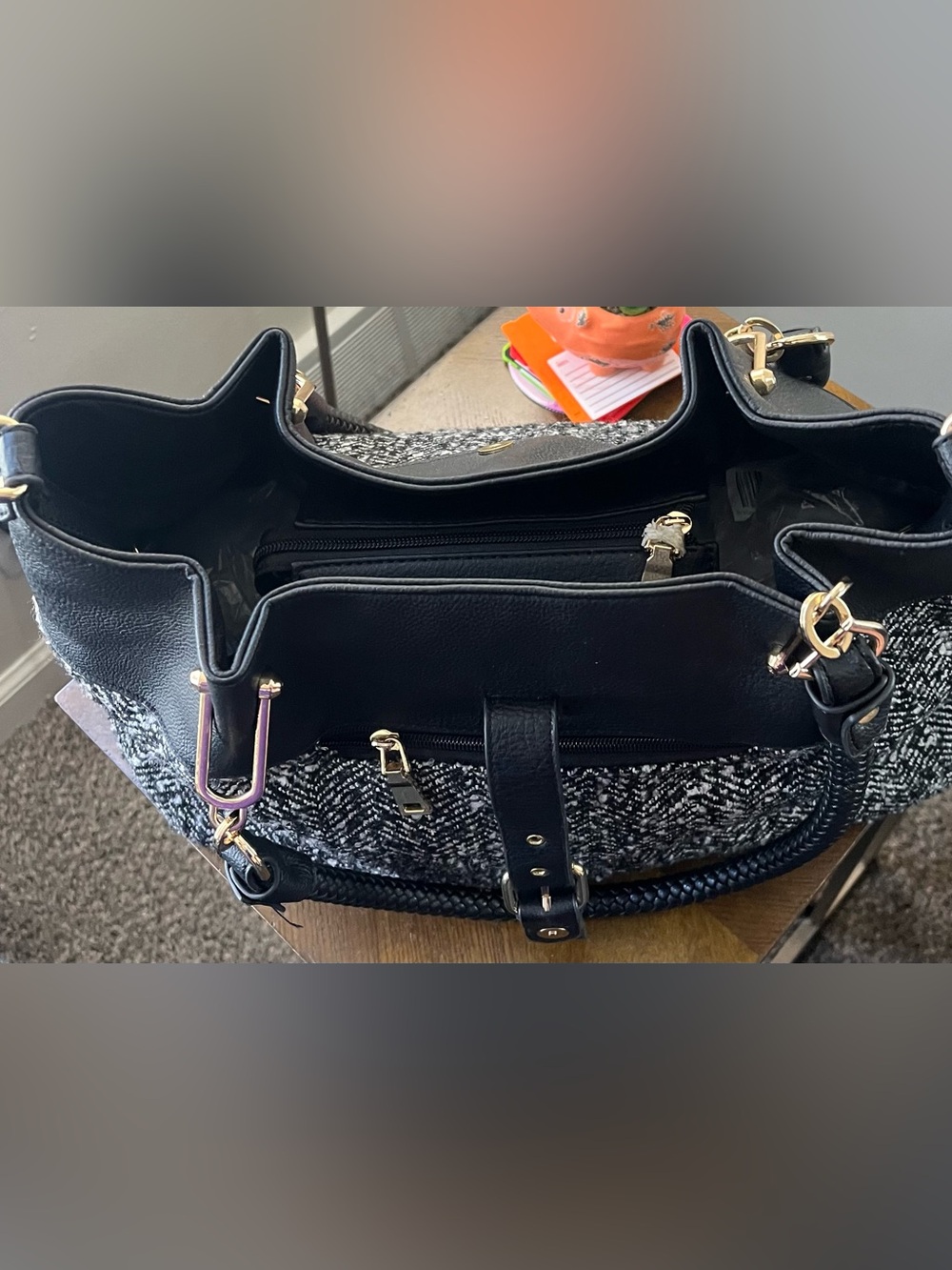 Black Rivet Black & Gray Herringbone Tote Handbag with Gold Hardware - Picture 3 of 7